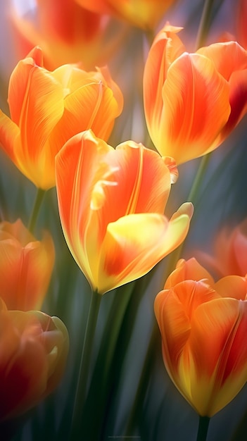 Tulipanes de color naranja Grandes cogollos de tulipanes multicolores Fondo floral natural Bico Generative AI