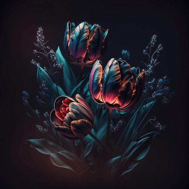 Tulipanes de colores de arte con fondo oscuro