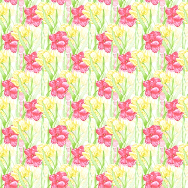 Tulipanes escarlata y amarillos de acuarela dibujados a mano con hojas verdes patrón sin costuras Ilustración aislada sobre fondo blanco Se puede utilizar para envolver telas textiles y otros productos impresos
