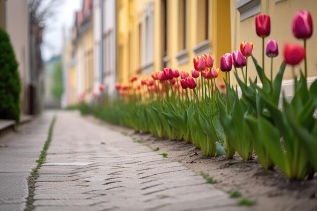 Tulipanes en fila floreciendo maravillosamente en una calle tranquila