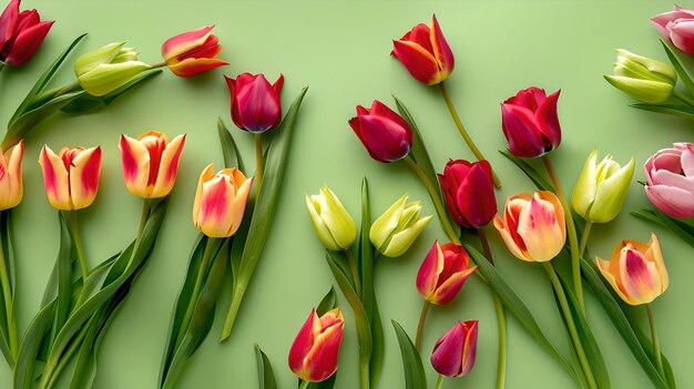 Tulipanes en flor frescos exhibidos en un telón de fondo verde vibrante Perfecto para temas de primavera y diseños florales Ideal para decoración del hogar y proyectos estacionales AI