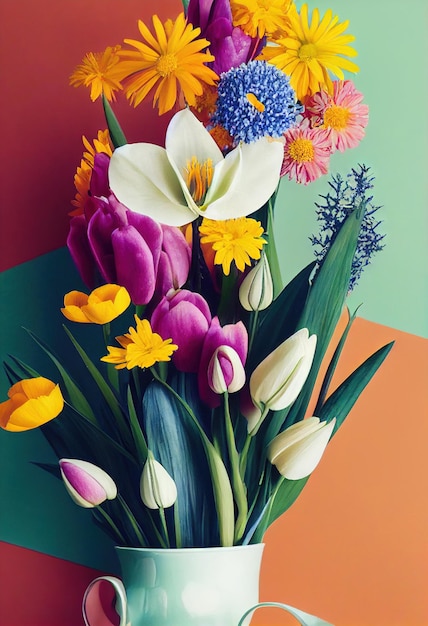 Tulipanes en flores de papel tapiz de decoración en un hermoso fondo multicolor