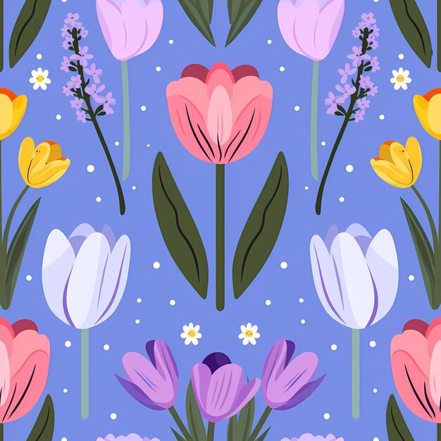 Tulipanes y flores vibrantes sobre un fondo azul sereno diseño de patrón de primavera sin costuras