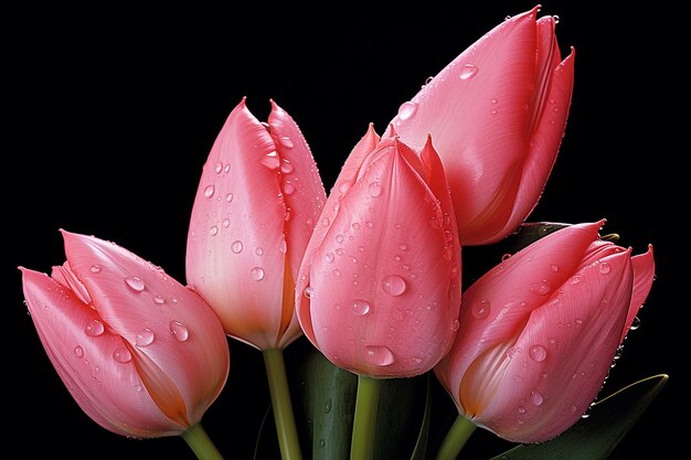 Los tulipanes con gotas de rocío temprano en la mañana