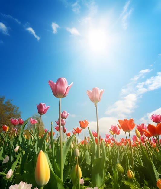 Tulipanes y hierba en un día soleado con pájaros en el cielo IA generativa