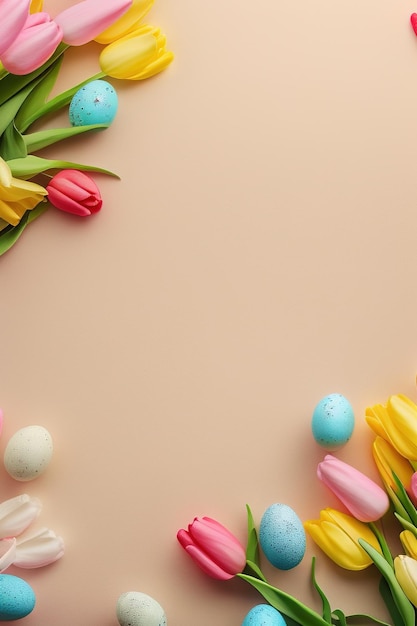 Tulipanes y huevos coloridos sobre un fondo beige azulado con espacio de copia para la celebración de Pascua
