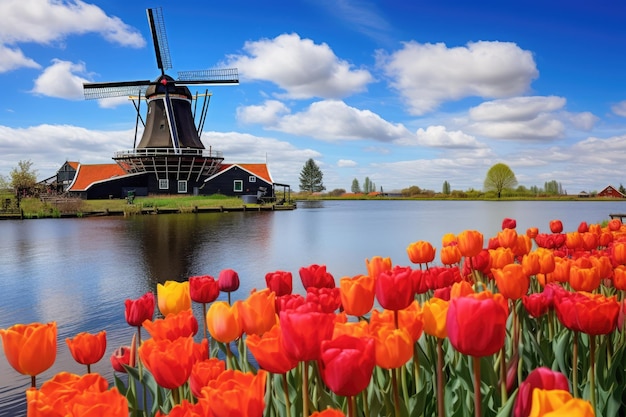 Tulipanes y molinos de viento en Holanda Colorido paisaje primaveral Paisaje con tulipanes en Zaanse Schans Países Bajos Europa AI generado