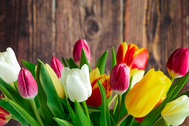 Tulipanes multicolores frescos sobre fondo de madera Ramo de flores de primavera