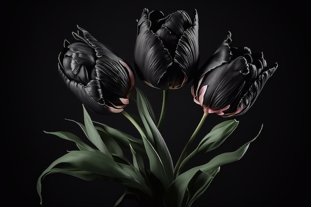 Tulipanes negros sobre un fondo negro Estética de las flores oscuras