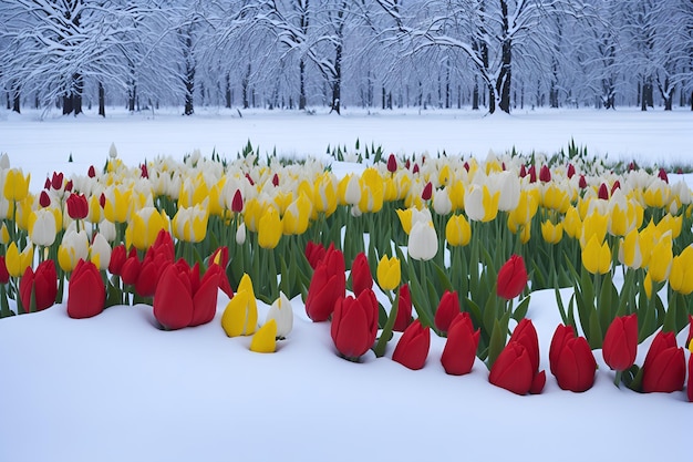 Tulipanes en la nieve con nieve en el suelo.