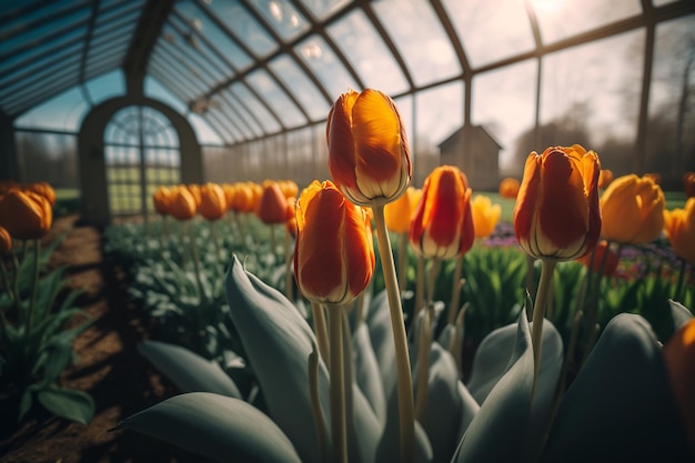 Tulipanes de primavera en la mañana soleada ilustración de invernadero IA generativa