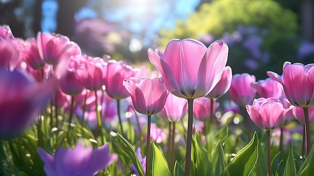 tulipanes púrpuras en un campo de flores púrpures