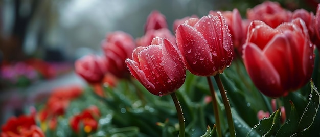 Los tulipanes rojos bañados por la lluvia