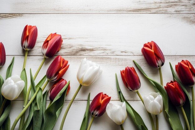 Tulipanes rojos y blancos sobre un fondo de madera blanca.
