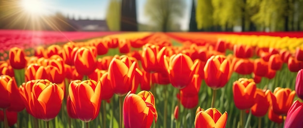 Los tulipanes rojos florecen las flores del campo el día soleado el jardín de la granja del gargojo el horizonte del paisaje rural de Holanda