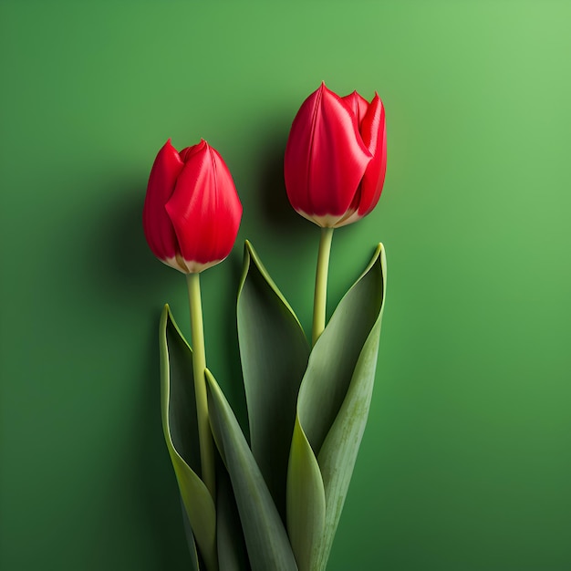 Tulipanes rojos en un fondo verde 3D representación 3D ilustración