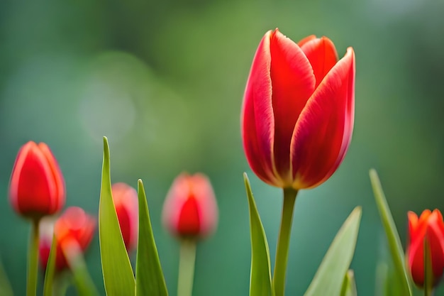 tulipanes rojos con fondo verde y fondo borroso.