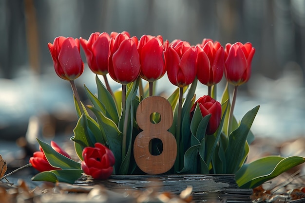 Los tulipanes rojos forman el número 8 en honor al Día Internacional de la Mujer