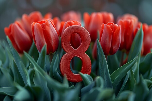 Los tulipanes rojos forman el número 8 en honor al Día Internacional de la Mujer