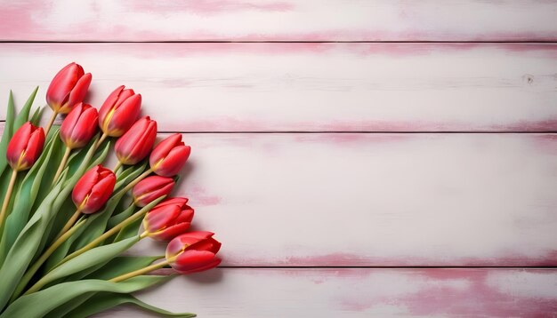 Tulipanes rojos en una mesa de madera con fondo antiguo