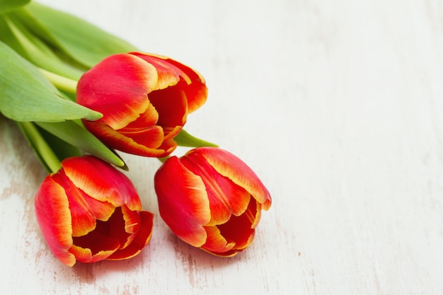 Tulipanes rojos sobre superficie de madera