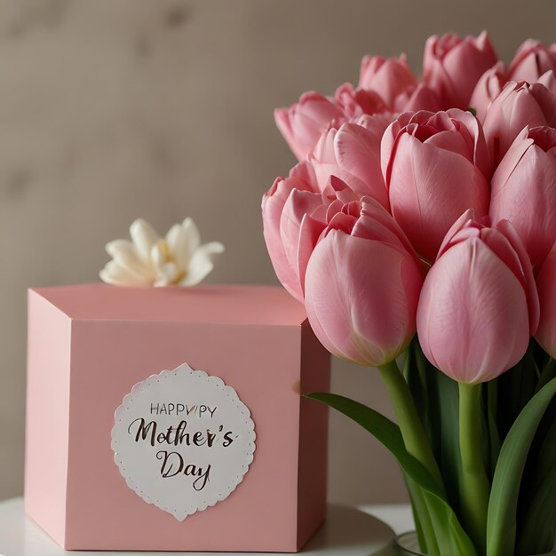tulipanes rosados y blancos con una etiqueta en forma de corazón en una caja rosa