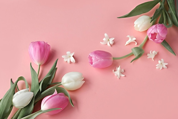 Tulipanes rosados y blancos con hojas verdes y pequeñas flores blancas dispuestas sobre un fondo rosa pastel creando una composición floral de primavera