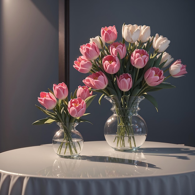 tulipanes rosados y blancos en jarrones de vidrio en la superficie azul generada por la IA