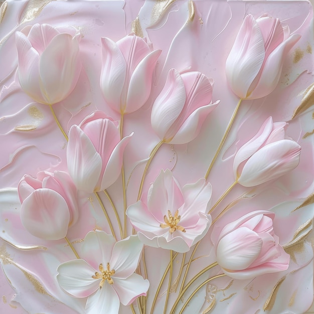 Tulipanes rosados y blancos y otras flores con acentos blancos y dorados