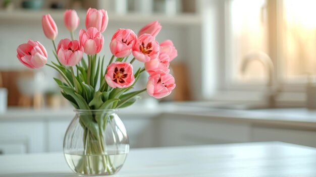 Foto los tulipanes rosados están en un amplio jarrón de vidrio en una mesa blanca