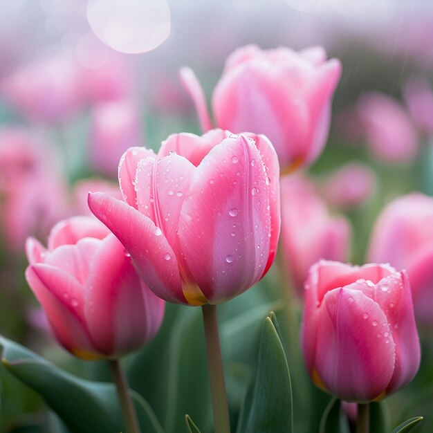 tulipanes rosados en flor en los campos de Holanda en la primavera macro