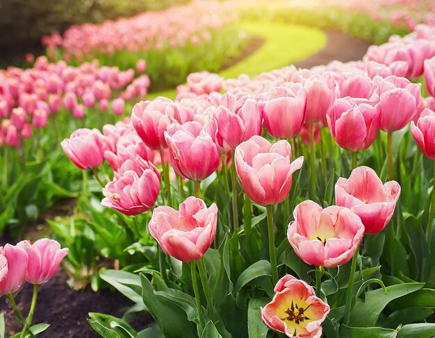 los tulipanes rosados en flor en el parque en un día soleado