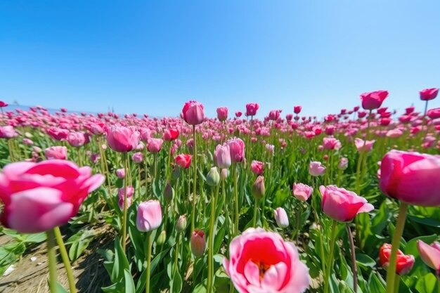 Los tulipanes rosados florecen en un campo en un día soleado y primaveral creado con AI generativa