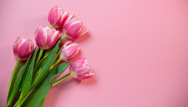 Tulipanes rosados en un fondo rosado con espacio para copiar