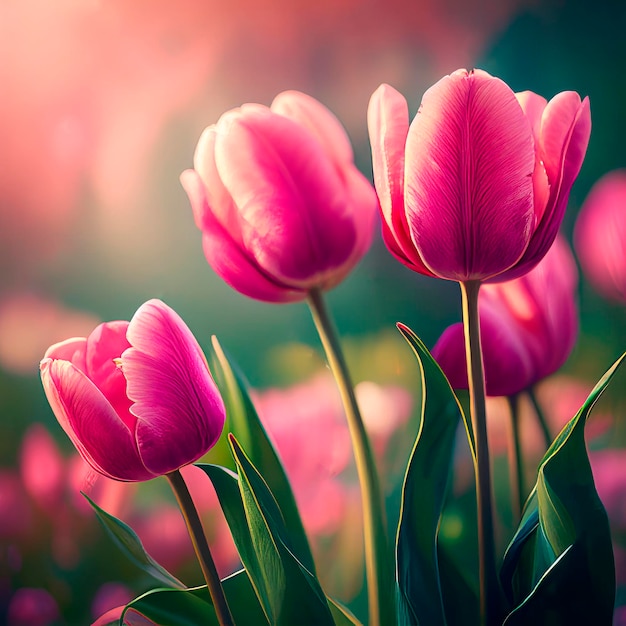 Los tulipanes rosados de Holanda florecen en una primavera de color naranja en un primer plano de fondo borroso