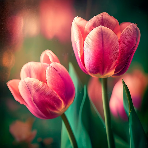 Los tulipanes rosados de Holanda florecen en una temporada de primavera naranja en un primer plano de fondo borroso Flores frescas de primavera en el jardín con un enfoque selectivo de tarjeta floral de luz solar suave Creado con IA generativa