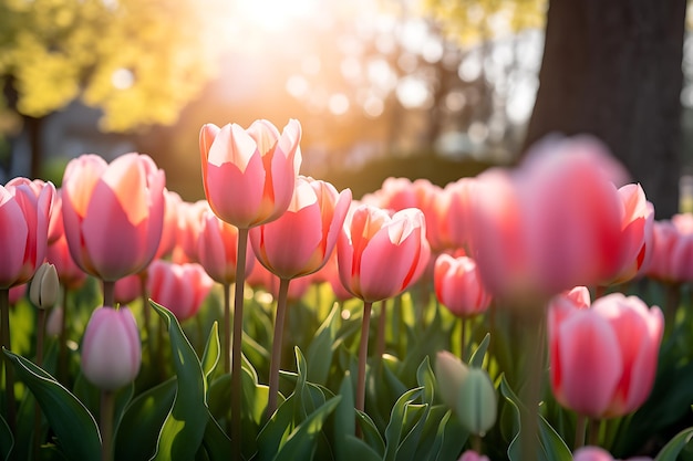 Tulipanes rosados en el jardín