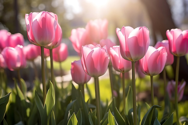 Tulipanes rosados en el jardín