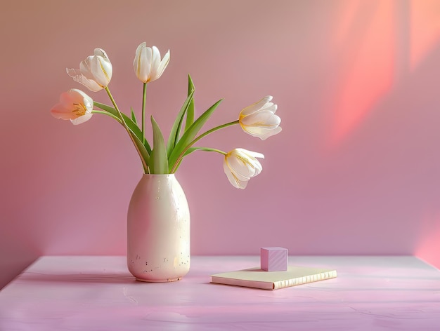 Tulipanes rosados en un jarrón con sombras en la ventana