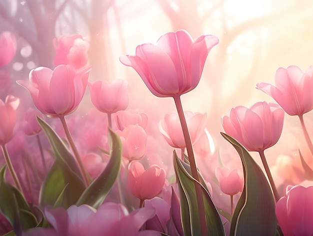 Tulipanes rosados en la luz del sol de verano