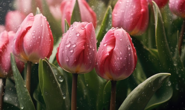 Tulipanes rosados con papel tapiz de gotas de agua Hermoso fondo de flores Para tarjeta de ilustración de libro de postal de banner Creado con herramientas generativas de IA