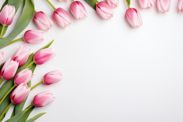 Tulipanes rosados sobre fondo blanco con espacio para copiar