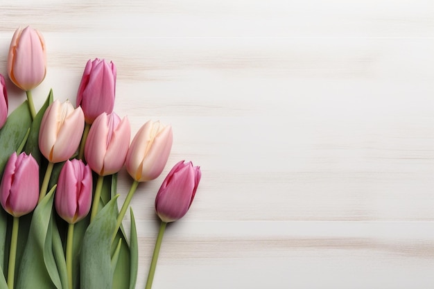 Tulipanes rosados sobre un fondo blanco de madera