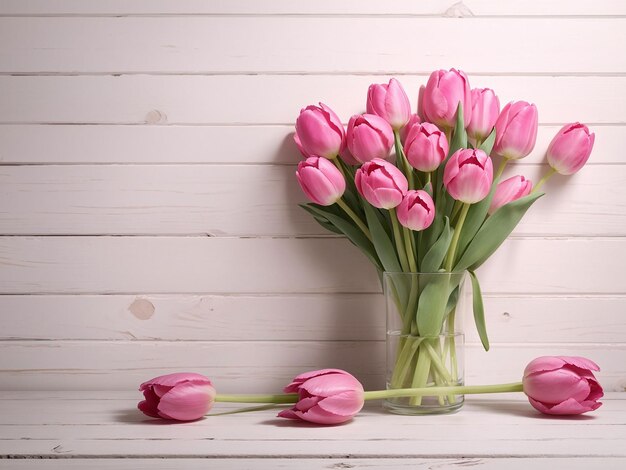 Tulipanes rosados sobre fondo blanco con textura de madera