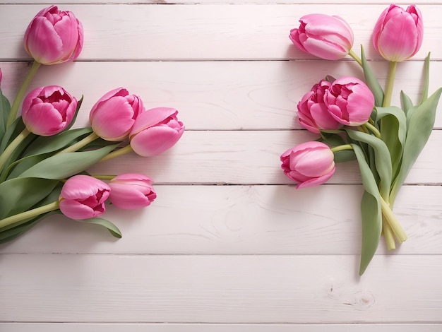 Tulipanes rosados sobre fondo blanco con textura de madera