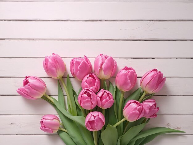 Foto tulipanes rosados sobre fondo blanco con textura de madera