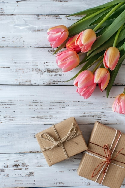 Tulipanes rosados sobre fondo de madera blanca vista superior Tarjeta de felicitación con caja de regalo de tulipanes espacio para el texto