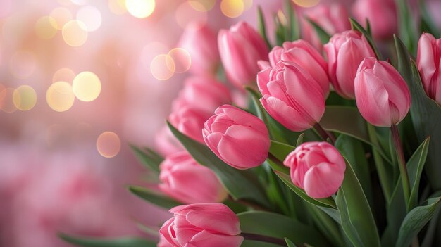 Tulipanes rosados suaves con bokeh dorado para el Día de la Madre