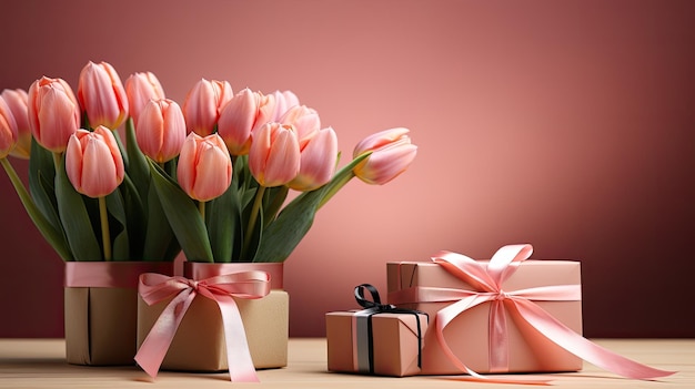 Tulipanes rosas y regalos sobre un fondo rosa.