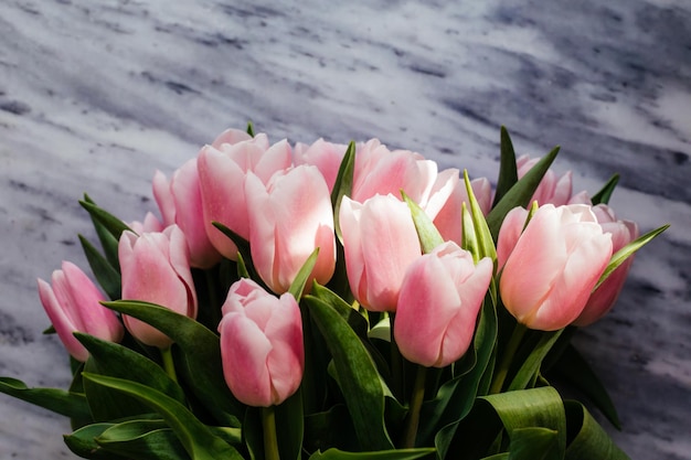 Tulipanes rosas sobre borde floral de fondo de mármol